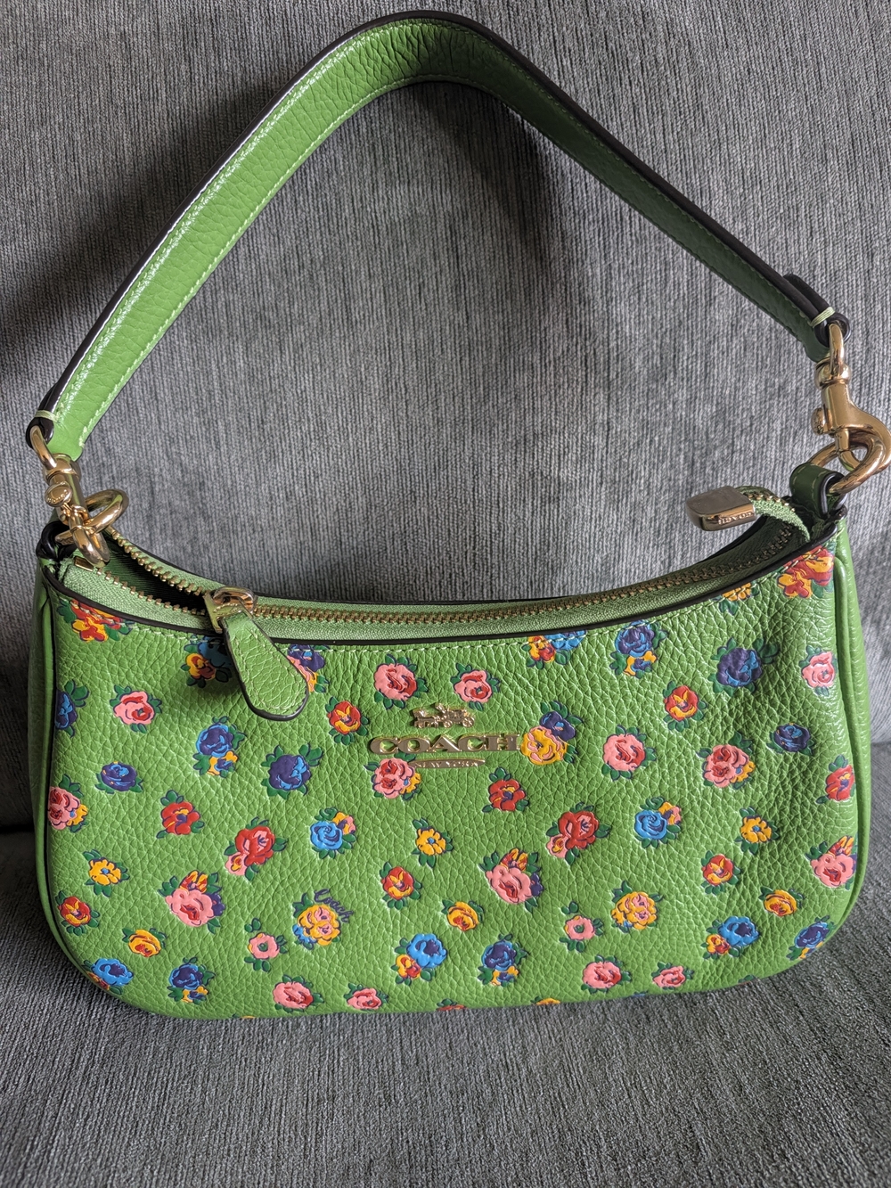 Coach Green Floral Leather Shoulder Bag